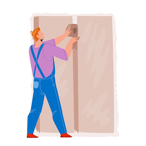 Drywall Installer Making Wall Renovation Vector. Builder Working And Finish Install Drywall. Character Construction Worker Building Professional Occupation Flat Cartoon Illustration