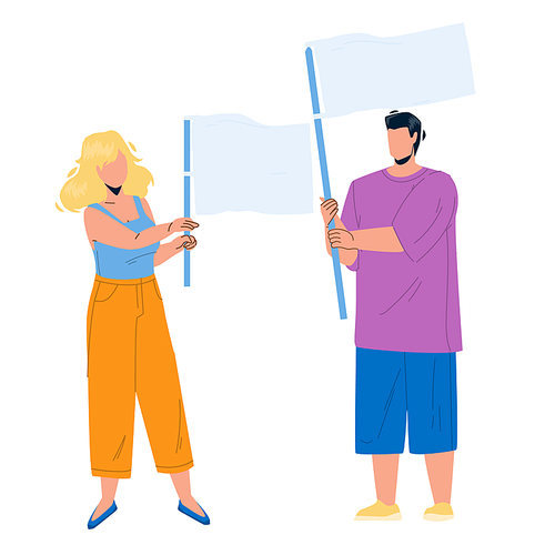 Flag Holding Boy And Girl Couple On Protest Vector. Young Man And Woman Hold Waving Flag Together On Meeting. Characters People Manifestation Or Demonstration Flat Cartoon Illustration