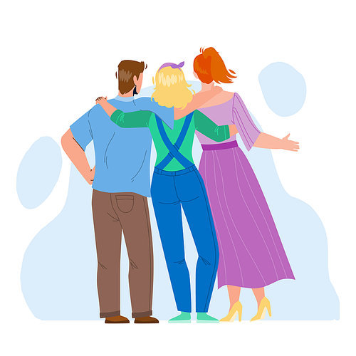 Friendship Young People Back Side View Vector. Man And Women Embracing Together, Friendship And Cooperation. Characters Friends Hugging And Have Leisure Time Flat Cartoon Illustration