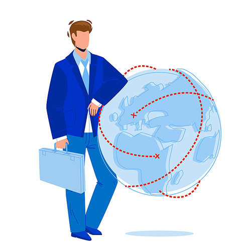Global Business Managing Businessman Ceo Vector. Global Business Development And Management Young Man. Character Guy Wearing Suit And Holding Case Staying Near Planet Sphere Flat Cartoon Illustration