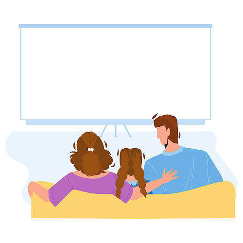 Home Theatre Watching Family Togetherness Vector. Father, Mother And Daughter Sitting On Sofa And Watch Movie On Home Theatre. Character Man, Woman And Girl Home Cinema Flat Cartoon Illustration