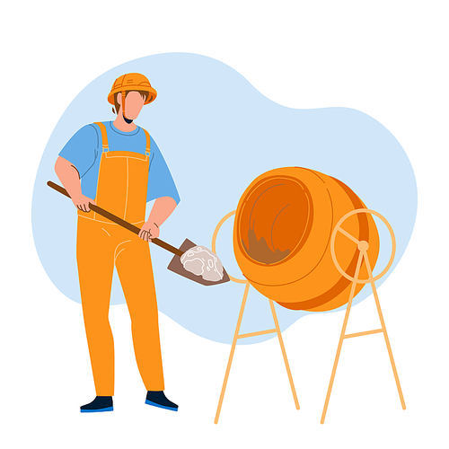 Mixing Cement Construction Worker In Tool Vector. Builder Filling Cement With Shovel In Mixer, Working Prepare Concrete In Building Equipment. Character Man Professional Occupation Flat Cartoon Illustration