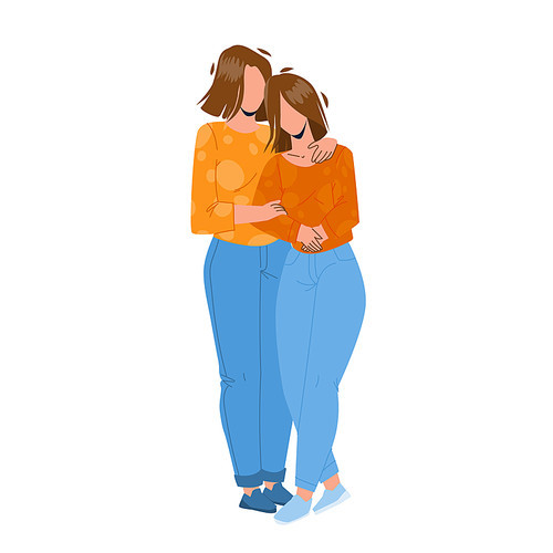 Mother And Daughter Embracing Together Vector. Mother And Daughter Hugging With Love, Family Harmony And Motherhood. Characters Mommy And Girl Relationship Flat Cartoon Illustration