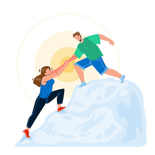 Mountain Climbing Man And Woman Couple Vector. Young Boy Helping Girl Mountain Climbing, Teamwork In Nature. Characters Sportive Active And Extreme Time Together Flat Cartoon Illustration