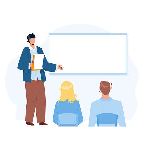 Presentation Company Strategy Speak Worker Vector. Businessman Giving Presentation For Colleagues In Conference Room. Characters Ceo And Employees Business Meeting Flat Cartoon Illustration