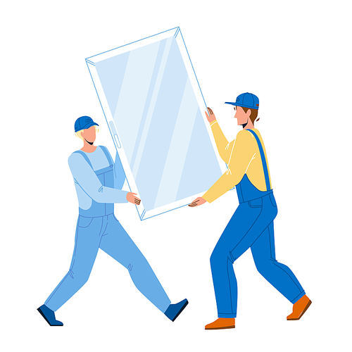 Pvc Window Carrying Men For Installing Vector. Construction Workmen Carefully Carry Pvc Window For Install Or Replacement. Characters Professional Occupation Flat Cartoon Illustration