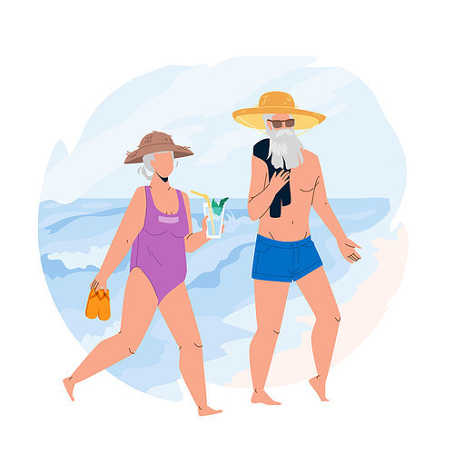 Senior Vacation Together On Ocean Shoreline Vector. Old Woman Carrying Slippers And Drinking Cocktail, Senior Man Wearing Hat And Sunglasses Walk On Sandy Beach. Characters Flat Cartoon Illustration