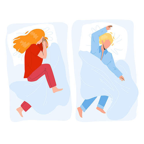 Sleeping Child Boy And Girl In Cozy Bed Vector. On Pillow And Covered Blanket Sleeping Child In Comfortable Bedroom Furniture. Characters Sleep And Dream Time Flat Cartoon Illustration