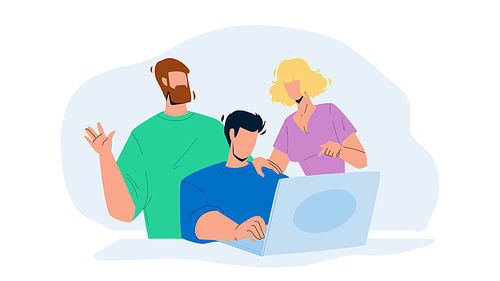 Working Together At Laptop Colleagues Team Vector. Young Men And Woman Working Together At Computer On Workplace. Characters Discussing And Researching Togetherness, Teamwork Flat Cartoon Illustration