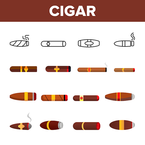 Lit Luxurious Cuban Cigar Vector Icons Set. Nicotine, Narcotic Addiction, Bad Habit Outline Cliparts. Cigarettes With Emblems Thin Line design. Burning, Lit Cigar With Smoke And Ash Flat Illustration