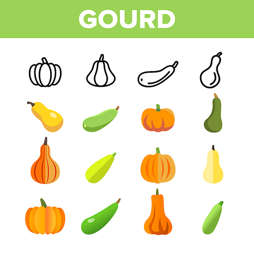 Gourd Autumn Season Harvest Vector Linear Icons Set. Differently Shaped And Colored Pumpkins. Halloween Decoration, Thanksgiving Day Dish Thin Line Design. Organic, Healthy Gourds Flat Illustration