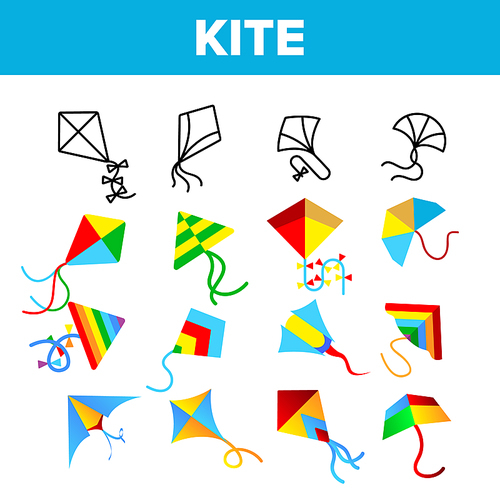 Colorful And Fun Kites Vector Linear Icons Set. Childhood Pastime, Game For Children. Summertime Outdoor Activity For Kids, Adults Thin Line Design. Kite With Ribbons Flying Flat Illustration