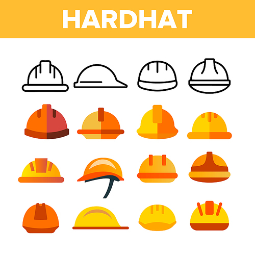 Protective Hard Hat Vector Color Icons Set. Orange Hardhat Equipment Linear Symbols Pack. Builder, Construction Worker, Engineer Yellow Plastic Safety Helmet Isolated Flat Illustrations