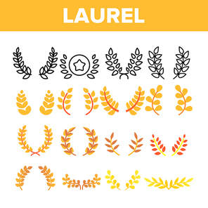 Laurel Branches Wreath Vector Color Icons Set. Laurel Leaves Linear Symbols Pack. Achievement And Success, Award And Victory. Greek Roman Crown, Winner Prize Isolated Flat Illustrations