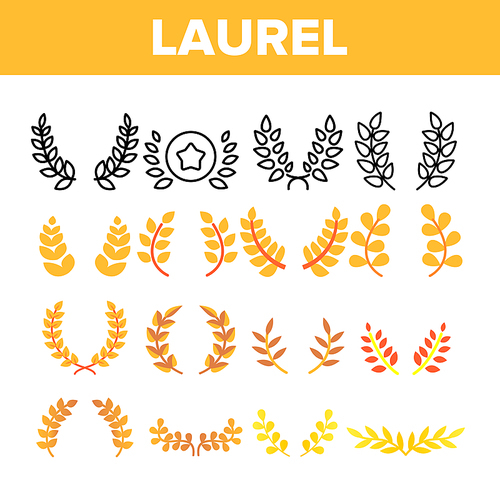 Laurel Branches Wreath Vector Color Icons Set. Laurel Leaves Linear Symbols Pack. Achievement And Success, Award And Victory. Greek Roman Crown, Winner Prize Isolated Flat Illustrations