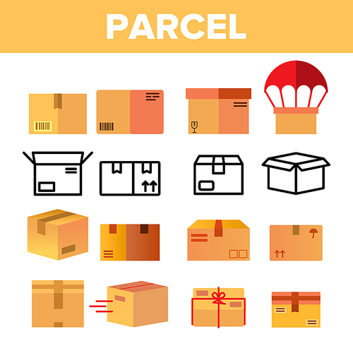 Parcel, Cardboard Boxes Vector Color Icons Set. Parcel Shipping And Delivering Linear Symbols Pack. Packages And Cargo Transportation. Post Office Delivery Isolated Flat Illustrations