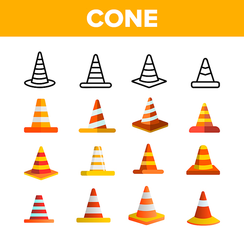 Traffic Orange Cones Vector Color Icons Set. Road Safety Plastic Cones Linear Symbols Pack. Under Construction Caution, Roadworks Warning Sign. Highway Pylon Isolated Flat Illustrations