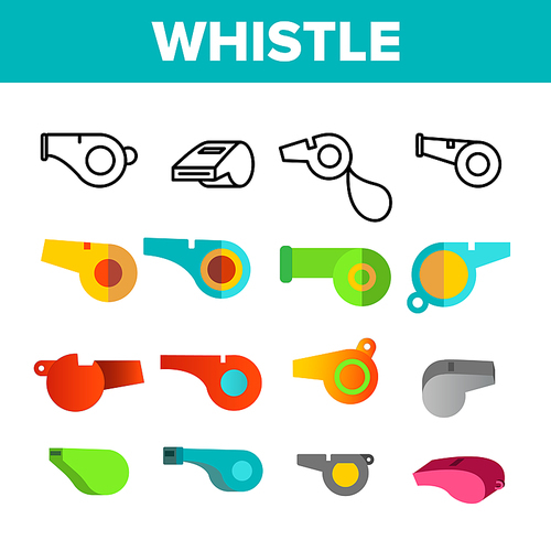 Sport Plastic Whistle Vector Color Icons Set. Referee, Football Trainers, Soccer Coach Multicolor Whistles Linear Symbols Pack. Blower, Alert, Attention Isolated Flat Illustrations