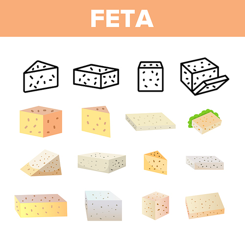 Feta, Cow Dairy Product Vector Linear Icons Set. Differently Shaped And Colored Feta Cheese Slice. Fresh Natural Snack Thin Line Pictograms. Greek Cheese With Holes, Curd Product Flat Illustrations