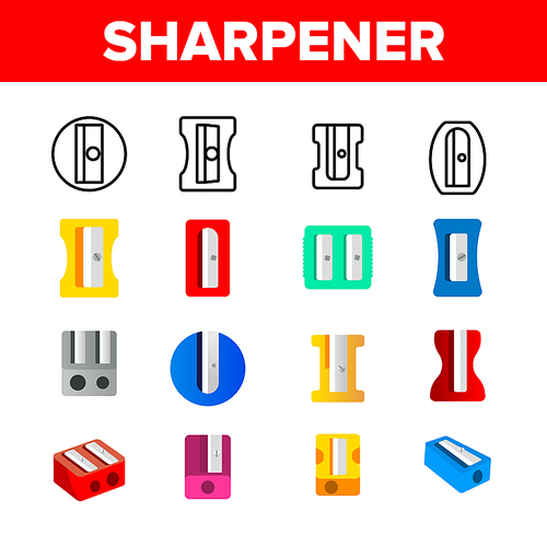Plastic Pencil Sharpener Vector Linear Icons Set. Differently Shaped And Colored Sharpener. Stationery Writing Tool Thin Line Pictograms. Pencil Cutter, Office Supplies, Utensil Flat Illustrations
