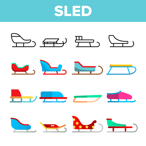 Sled, Winter Activity Vector Linear Icons Set. Differently Shaped And Colored Sled. Sleigh Sport, Winter Activity Equipment Thin Line Pictograms. Childhood Outdoor Entertainment Flat Illustrations