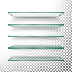 Empty Glass Shelves Template Vector Set. Realistic Transparent Blue Glass Shelves On Checkered Background