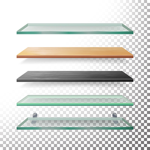 Empty Glass And Wood Shelves Template Vector. Realistic Metal, Glass, Wood, Plastic Bookstore Shelves