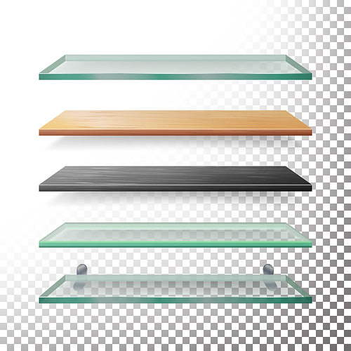 Empty Glass And Wood Shelves Template Vector. Realistic Metal, Glass, Wood, Plastic Bookstore Shelves
