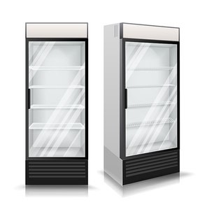 3D Realistic Refrigerator Vector. Glass Door Fridge Isolated Illustration