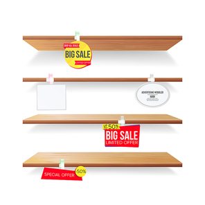 Supermarket Shelves, Advertising Wobblers Vector. Retail Sticker Concept. Best Offer. Discount Sticker. Sale Banners. Isolated Illustration