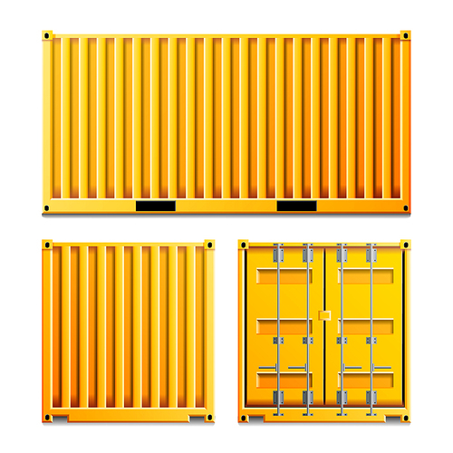 Cargo Container Vector. Classic Cargo Container. Freight Shipping Concept. Logistics, Transportation Mock Up. Front And Back Sides. Isolated On White Background Illustration