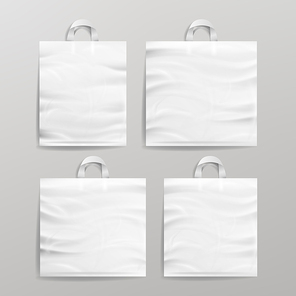 Empty Reusable Plastic Shopping Realistic Bags Set With Handles. Close Up Mock Up. Vector