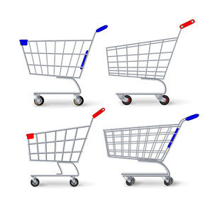 Supermarket Shopping Cart Vector. Set Empty Classic Chrome Cart Trolley Or Basket