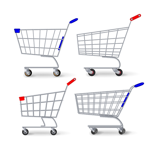 Supermarket Shopping Cart Vector. Set Empty Classic Chrome Cart Trolley Or Basket
