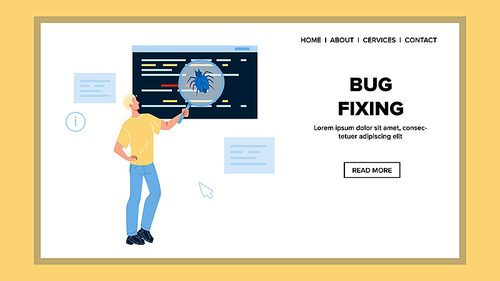 Bug Fixing Software And Application Service Vector. Developer Engineer Testing, Search Errors And Bug Fixing. Character Analysis And Fix Program Or App Web Flat Cartoon Illustration