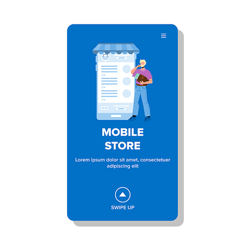 Mobile Store Application Using Customer Vector. Mobile Store Internet Service App For Buying And Ordering Goods Use Young Man Client. Character Purchasing Technology Web Flat Cartoon Illustration