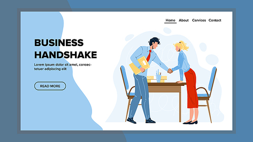 Business Handshake Man And Woman Partners Vector. Greeting Handshake Businessman And Businesswoman In Conference Room. Characters Company Workers And Partnership Web Flat Cartoon Illustration