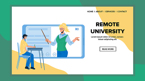 Remote University Course Listen Student Vector. Boy Sitting At Table Listen Teacher University Lecture On Tablet Display And Write Educational Information. Characters Web Flat Cartoon Illustration