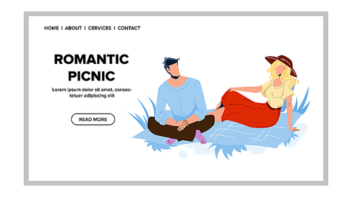 Romantic Picnic Dating Man And Woman Couple Vector. Young Boy And Girl Sitting On Carpet, Romantic Picnic In Nature. Characters Boyfriend And Girlfriend Together Web Flat Cartoon Illustration