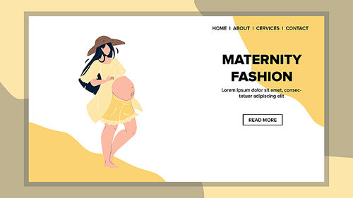 Maternity Fashion Of Pregnant Young Woman Vector. Pregnancy Girl In Maternity Fashion Dress Holds Hands On Belly. Character Future Mother Wearing Stylish Dress And Hat Web Flat Cartoon Illustration