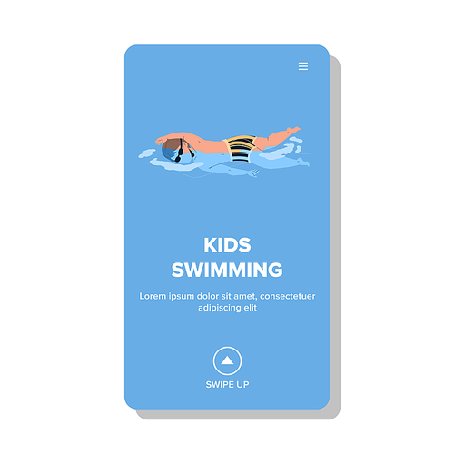 Kids Swimming And Exercising In Waterpool Vector. Boy Kid In Swimwear And Glasses Swimming In Water Pool. Character Child Sport Fitness And Leisure Time Web Flat Cartoon Illustration