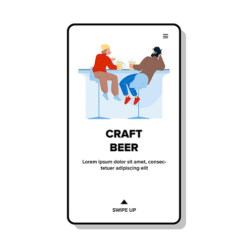 Craft Beer Drinking Men At Bar Counter Vector. Tasty Craft Beer Brewing Alcoholic Lager Beverage Drink Friends Together. Characters Tasting Boys In Tavern Flat Cartoon Illustration