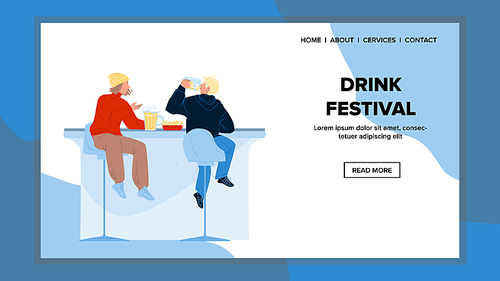 drink festival visit men and drink beer vector. young boys friends visiting drink festival party,  brewed beverage and eating snack meal. characters sitting at table flat cartoon illustration