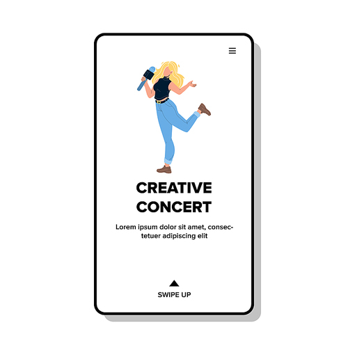 Creative Concert Performing Young Woman Vector. Girl Performer With Microphone Talking Or Singing Song On Creative Concert. Character Lady Host Entertainment Event Web Flat Cartoon Illustration