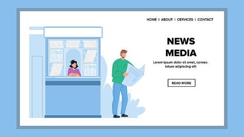 News Media And Newspaper Read Businessman Vector. News Media Information And Business Article Reading Young Man Near Newsstand On Street. Characters Client And Seller Web Flat Cartoon Illustration