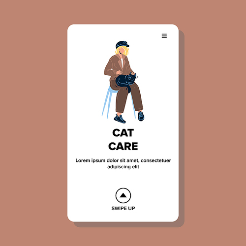 Cat Care And Love, Young Woman Caress Kitty Vector. Girl Cat Care On Her Knees And Stroking, Domestic Animal Sleeping And Resting. Character Lady With Pet Leisure Time Web Flat Cartoon Illustration