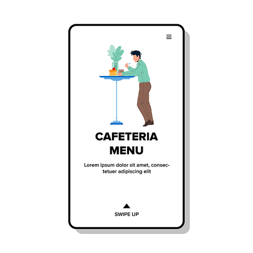 Cafeteria Menu Choosing Meal Man Client Vector. Cafeteria Menu Reading And Choose Dish Young Man At Table. Character Eating Delicious Food In Restaurant Web Flat Cartoon Illustration
