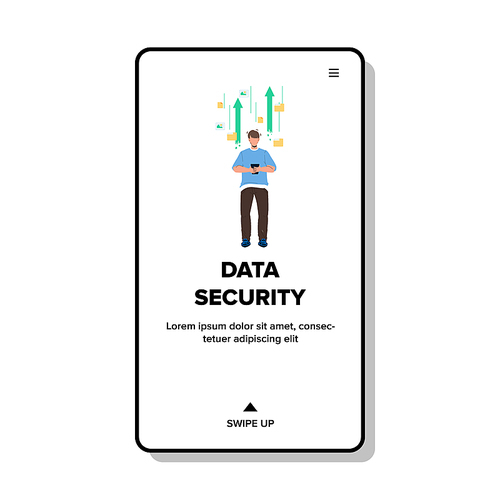 Data Security Service For Safe Information Vector. Data Security System For Protection Digital Info, Cybersecurity. Character Man Using Mobile Phone, Cyber Protection Web Flat Cartoon Illustration