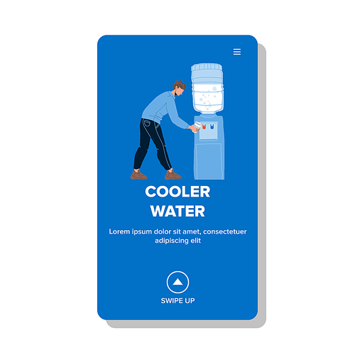 Cooler Water Filling Man In Plastic Cup Vector. Thirsty Worker Businessman Pouring Fresh Liquid From Cooler Office Equipment. Character Refreshment Aqua Beverage Web Flat Cartoon Illustration