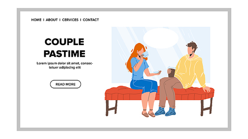 Couple Pastime In Cafeteria Or Restaurant Vector. Boy And Girl Couple Pastime Sitting On Cafe Sofa And Drinking Tea Or Coffee, Talking And Resting. Characters Rest Web Flat Cartoon Illustration